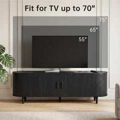 OneBlis 70" Mid Century Modern TV Stand, Wood TV Consoles with Sliding Doors and Power Outlet, Entertainment Center with Adjustable Shelves, Fluted TV Stands for Living Room, Walnut