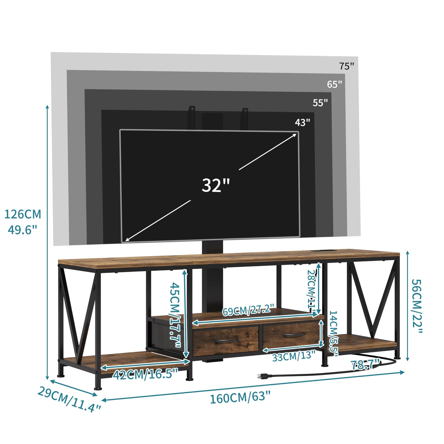 NinPeen 63" W TV Stand with Mount,LED & Charging Station for 55,65,75" TV