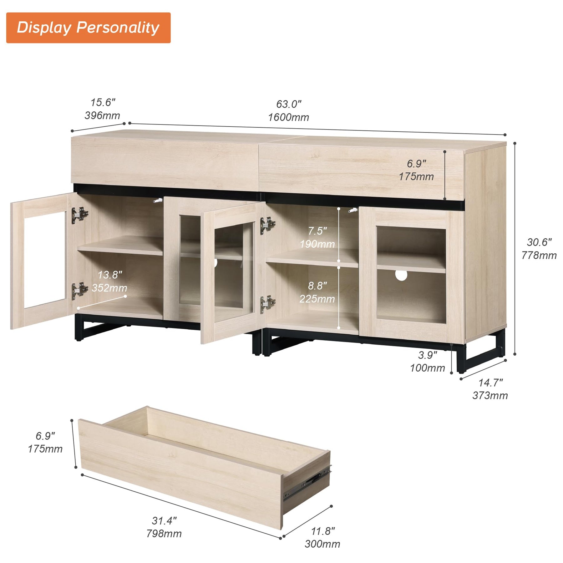 WAMPAT Modern TV Stand with Glass Doors for 80-120 inch TVs, 4 in 1 Entertainment Center Console with 4 Drawers and Metal Base for Living Room, Bedroom, Brown