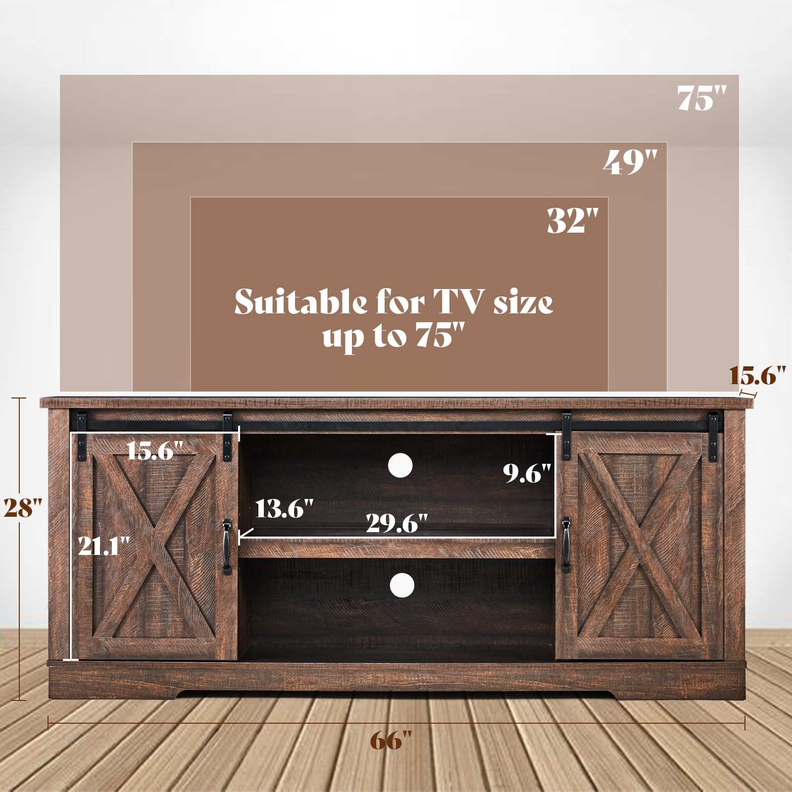 AMERLIFE 66" TV Stand for Living Room, Entertainment Center, Brown