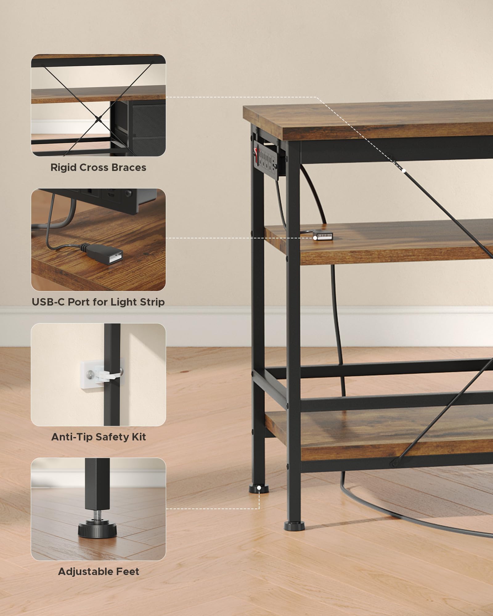 Lazzanto 63in TV Stand for 55-75in TVs, LED Lights, Charging Station, Black