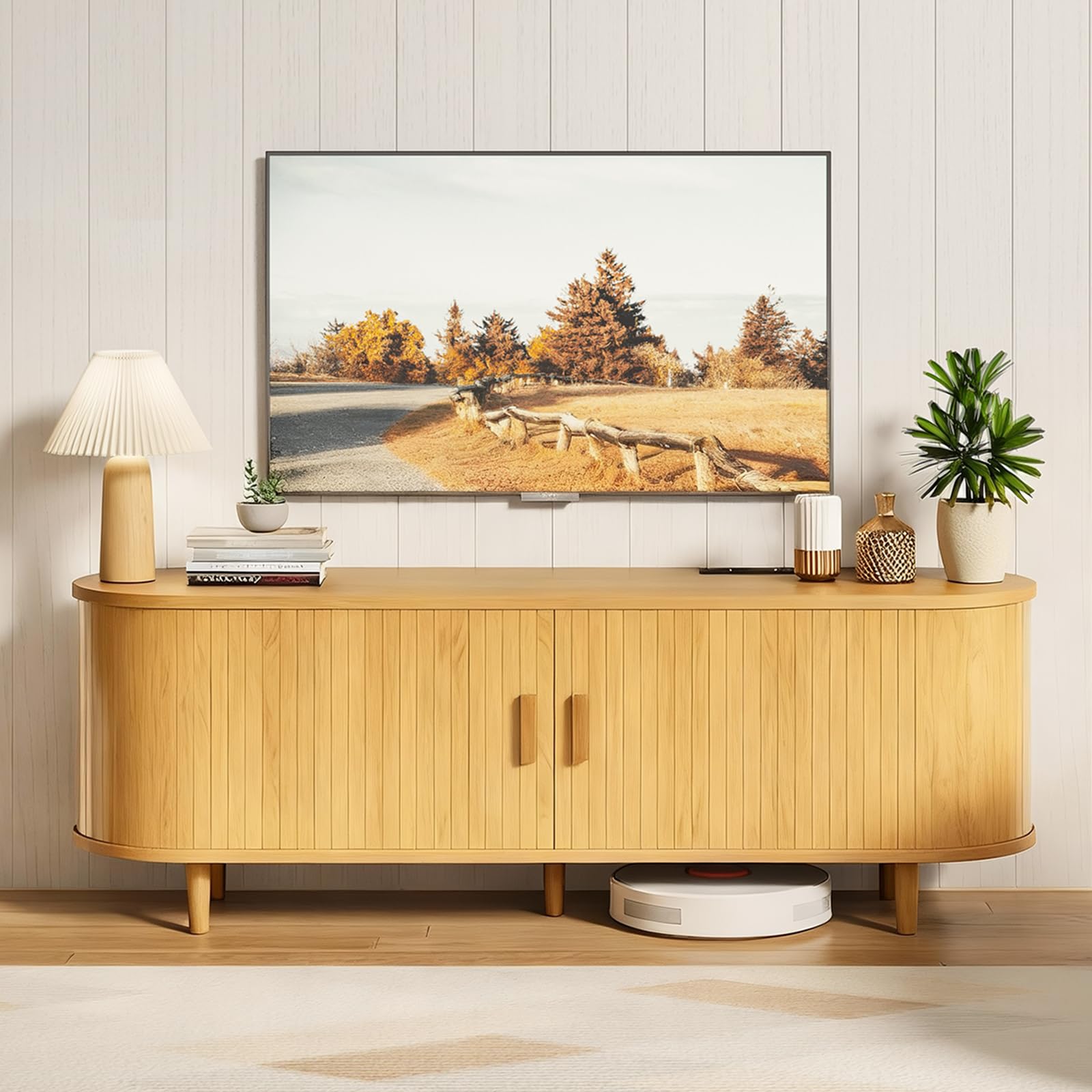 OneBlis 70" Mid Century Modern TV Stand, Wood TV Consoles with Sliding Doors and Power Outlet, Entertainment Center with Adjustable Shelves, Fluted TV Stands for Living Room, Walnut