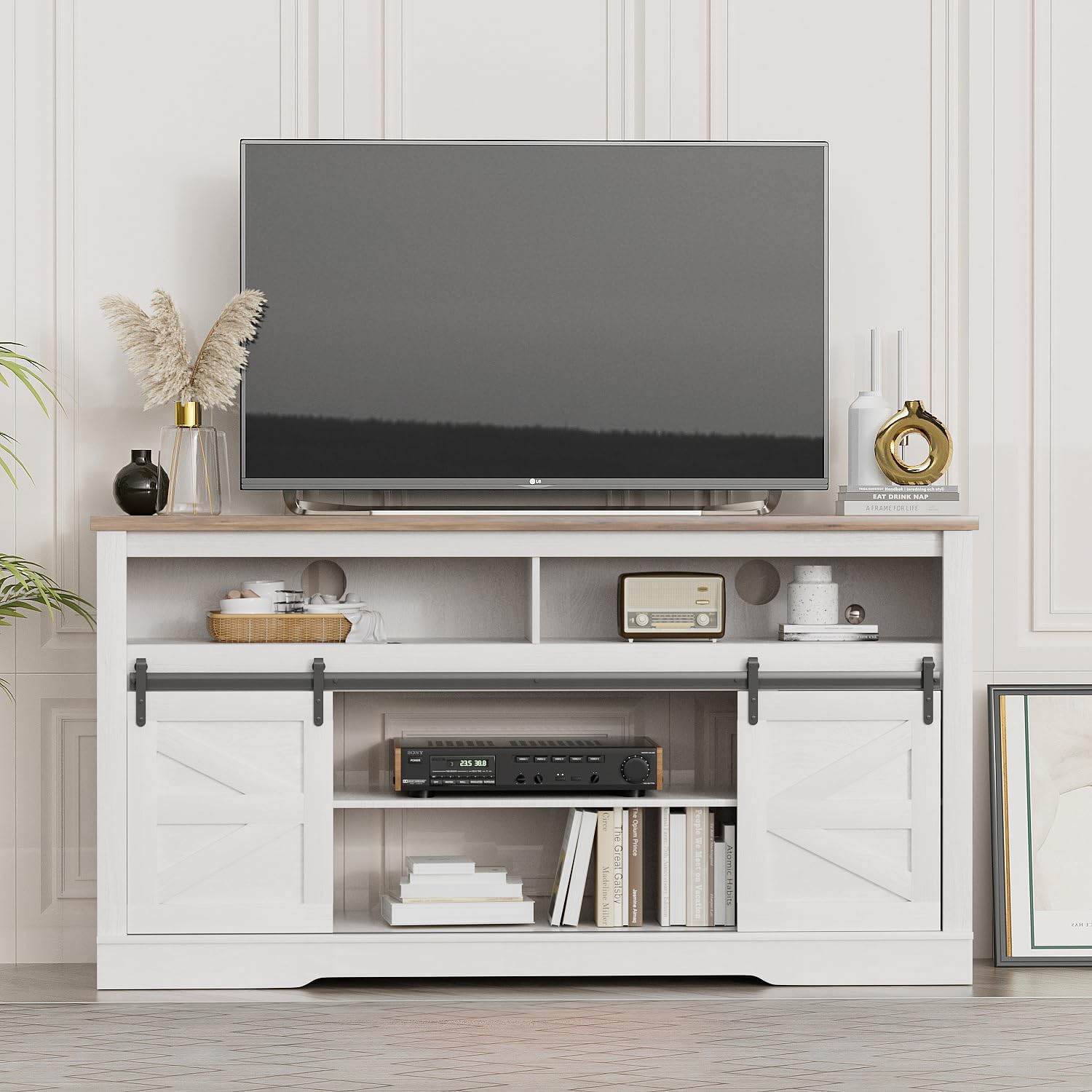 YESHOMY 58" Farmhouse TV Stand for TVs up to 65", Sliding Barn Doors, White
