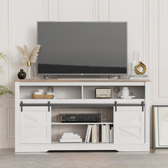 YESHOMY 58" Farmhouse TV Stand for TVs up to 65", Sliding Barn Doors, White