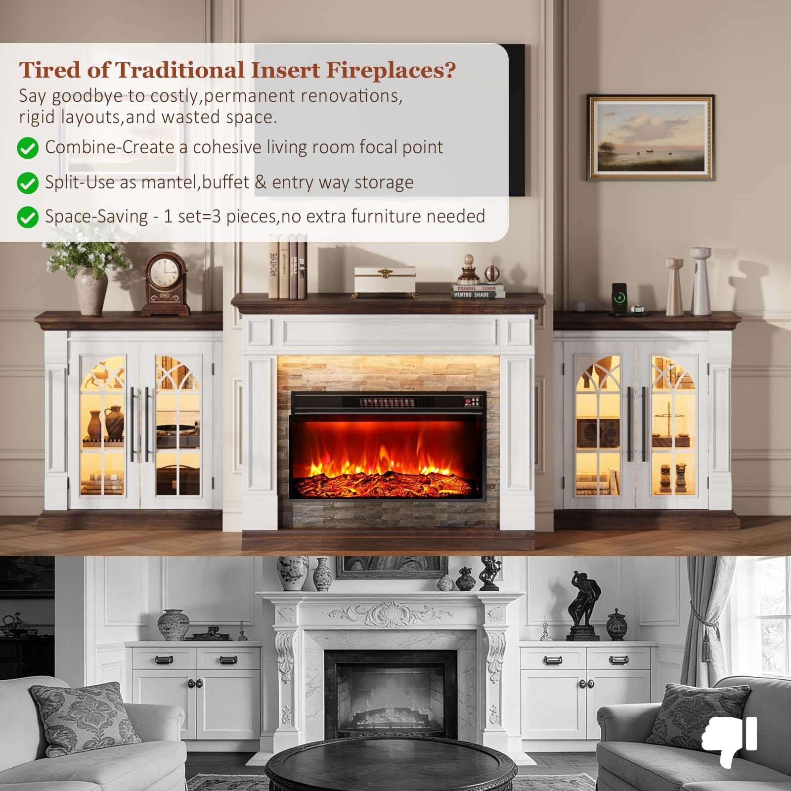 HolliWill 104" Fireplace TV Stand for TVs Up to 100 Inch, LED Electric Fireplace with Mantel and Sideboard Cabinets, Entertainment Center with 4 Glass Doors and Outlet, Modern for Living Room