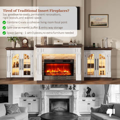 HolliWill 104" Fireplace TV Stand for TVs Up to 100 Inch, LED Electric Fireplace with Mantel and Sideboard Cabinets, Entertainment Center with 4 Glass Doors and Outlet, Modern for Living Room