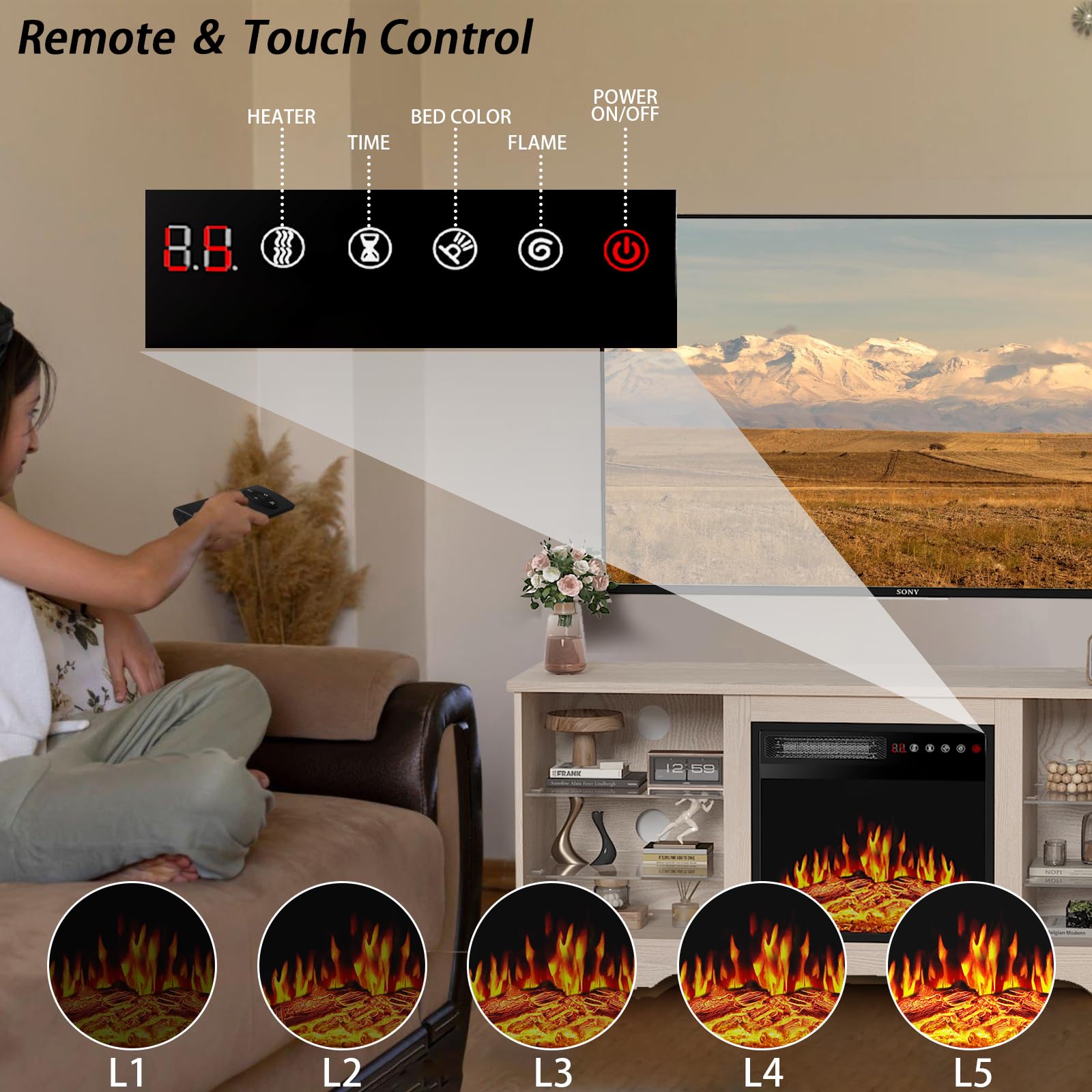 PRETZI Fireplace TV Stand with 36" Fireplace Up to 80" TVs for Living Room