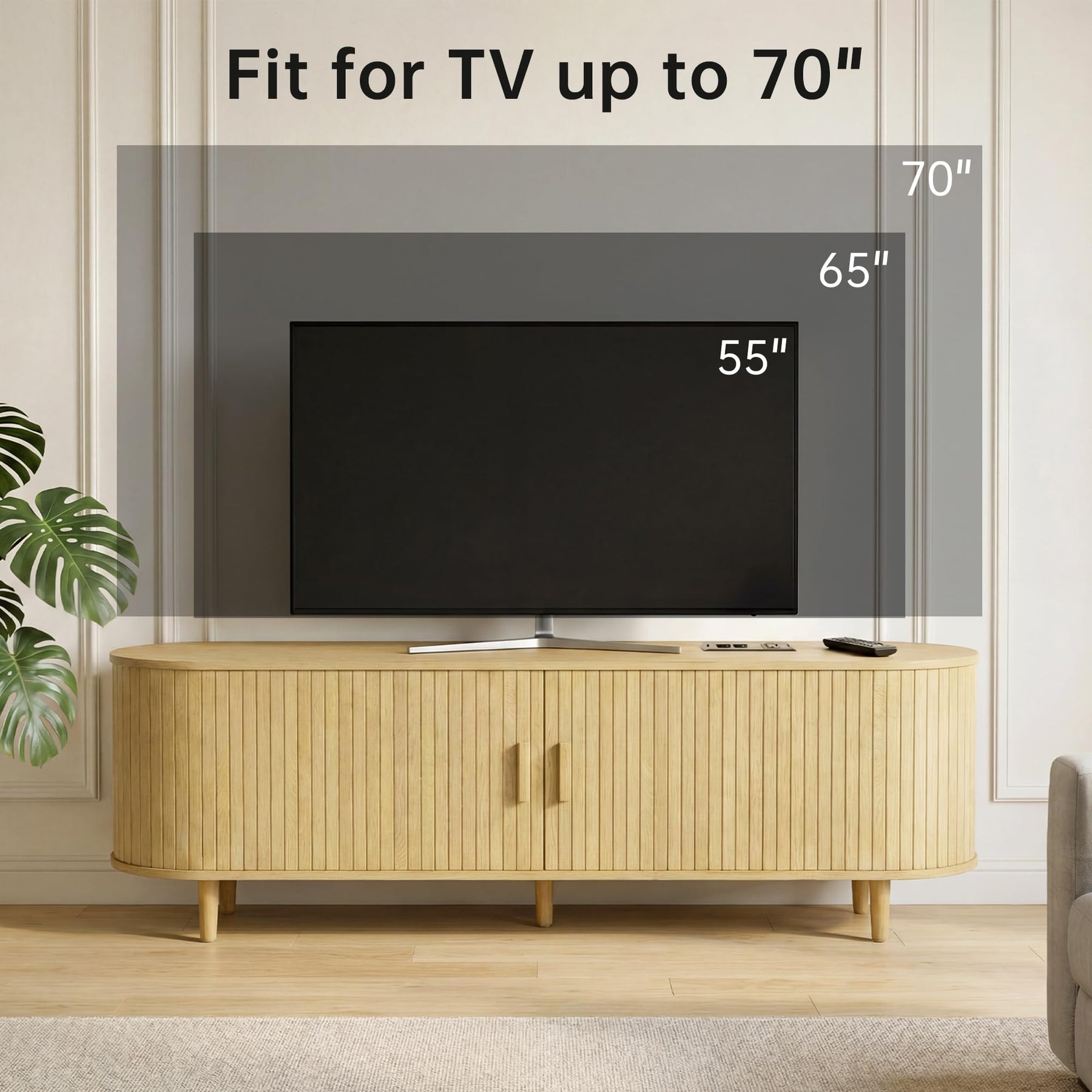 OneBlis 70" Mid Century Modern TV Stand, Wood TV Consoles with Sliding Doors and Power Outlet, Entertainment Center with Adjustable Shelves, Fluted TV Stands for Living Room, Walnut