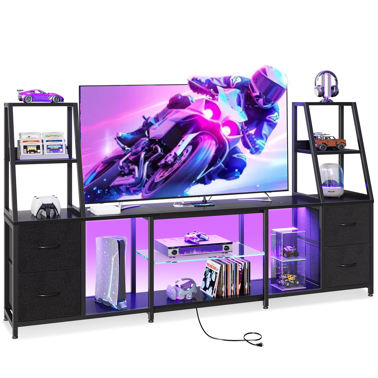 Casaottima TV Stand for 40/50/55 Inch TV, Low-Profile Entertainment Center with LED Lights & Power Outlets, TV Stand with Drawers & Open Shelves for Storage for Small Spaces/Living Room/Gaming, Black