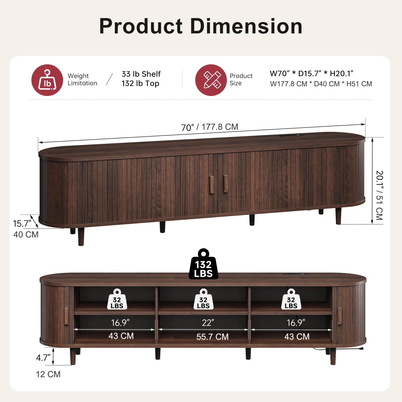 OneBlis 70" Mid Century Modern TV Stand, Wood TV Consoles with Sliding Doors and Power Outlet, Entertainment Center with Adjustable Shelves, Fluted TV Stands for Living Room, Walnut