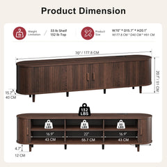 OneBlis 70" Mid Century Modern TV Stand, Wood TV Consoles with Sliding Doors and Power Outlet, Entertainment Center with Adjustable Shelves, Fluted TV Stands for Living Room, Walnut