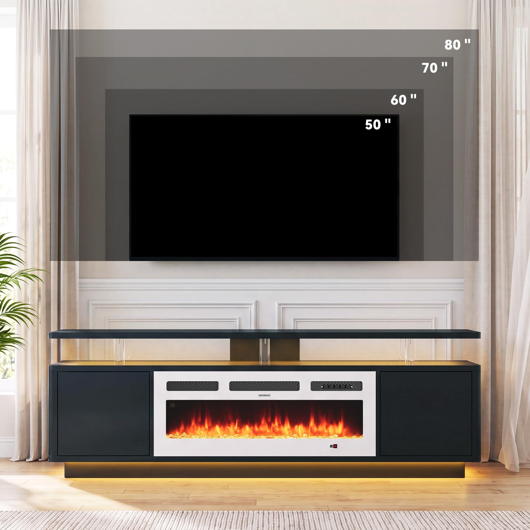 OneBlis 70" Fireplace TV Stand with Double LED Lights for TVs UP to 80", Electric Fireplace Entertainment Center with Storage Cabinets, TV Console for Living Room, Office, Black1