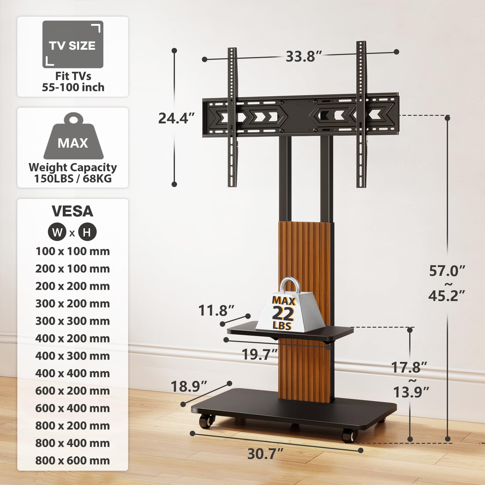 TVON Heavy Duty Rolling TV Stand for 55-100 inch Large Screens