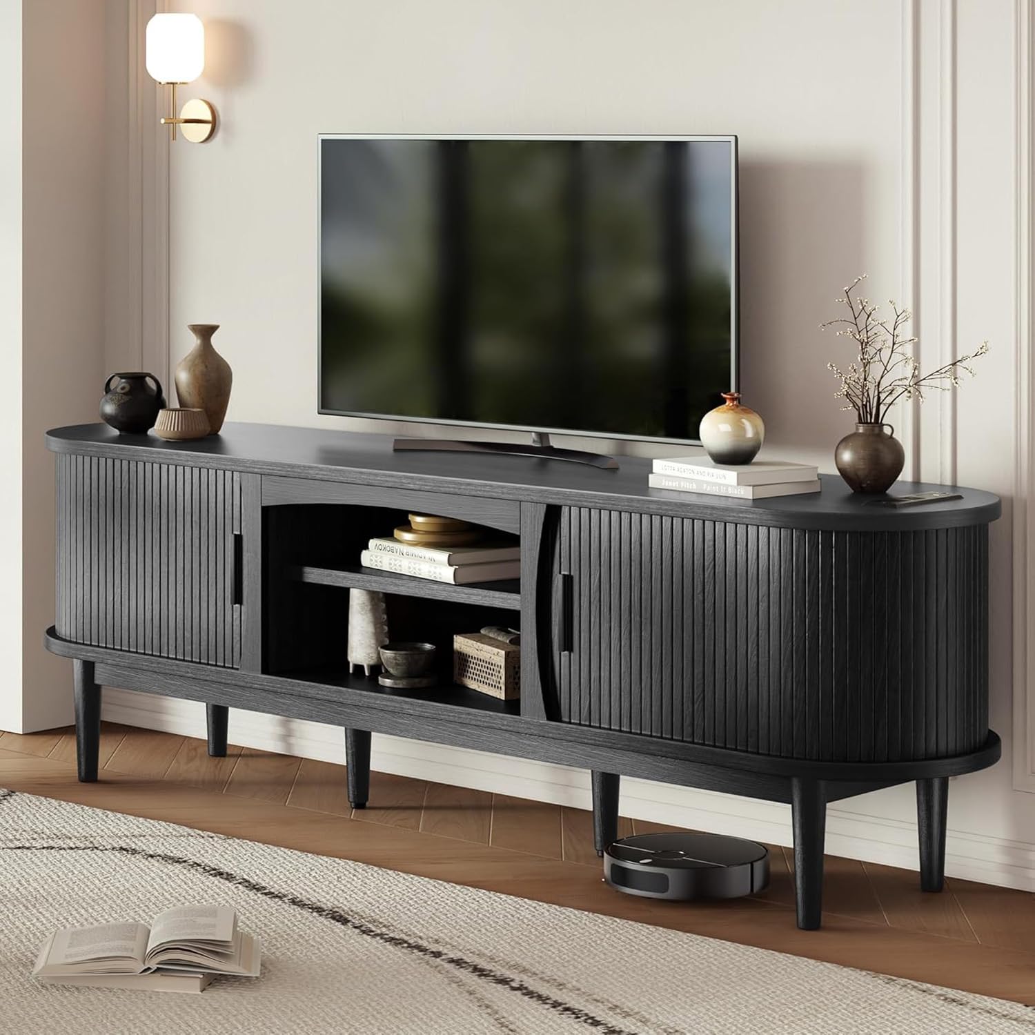 Decofy Mid Century TV Stand for TVs up to 80 Inches, Entertainment Center with Storage, Power Outlet, Fluted Sliding Doors & Adjustable Shelves, Modern Media TV Console Table for Living Room (Walnut)