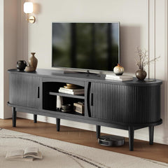 Decofy Mid Century TV Stand for TVs up to 80 Inches, Entertainment Center with Storage, Power Outlet, Fluted Sliding Doors & Adjustable Shelves, Modern Media TV Console Table for Living Room (Walnut)