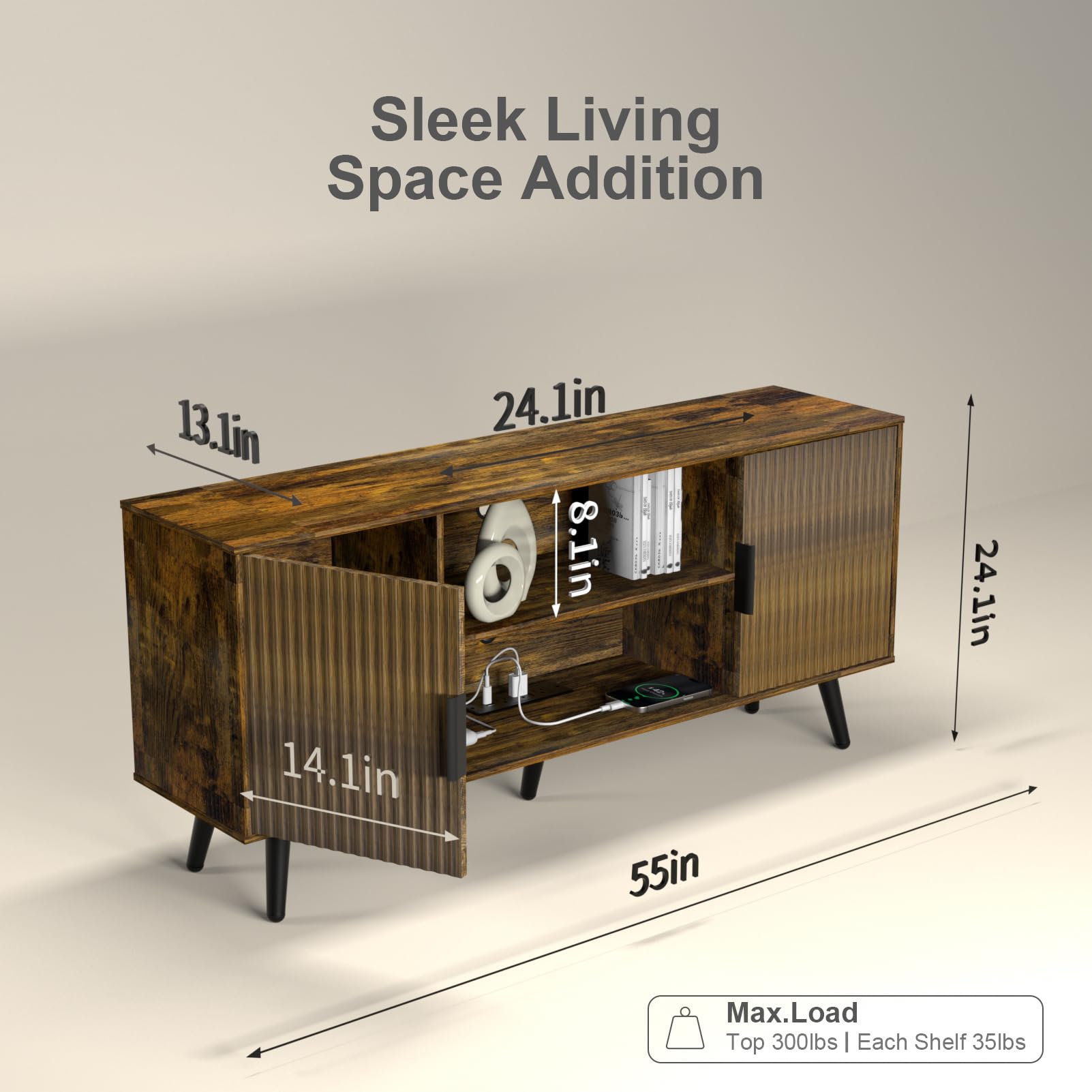 ACOHOOK Walnut 60" Mid-Century TV Stand with Storage Open Shelf
