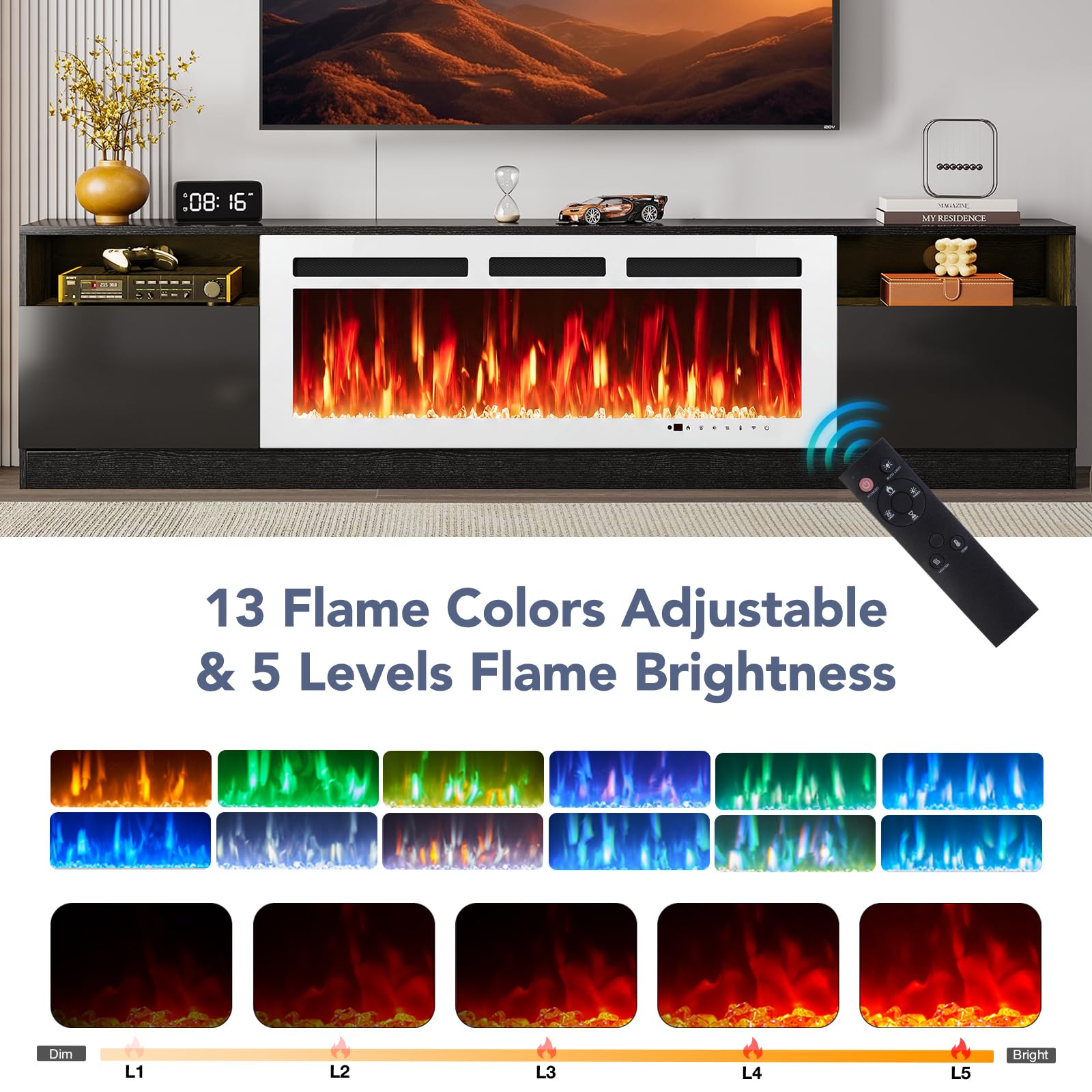 oneinmil Fireplace TV Stand with 36" Electric Fireplace, LED Light Entertainment Center, Modern Wood Texture Entertainment Stand with Highlight Storage Cabinet for TVs Up to 80", 70 inches, Black
