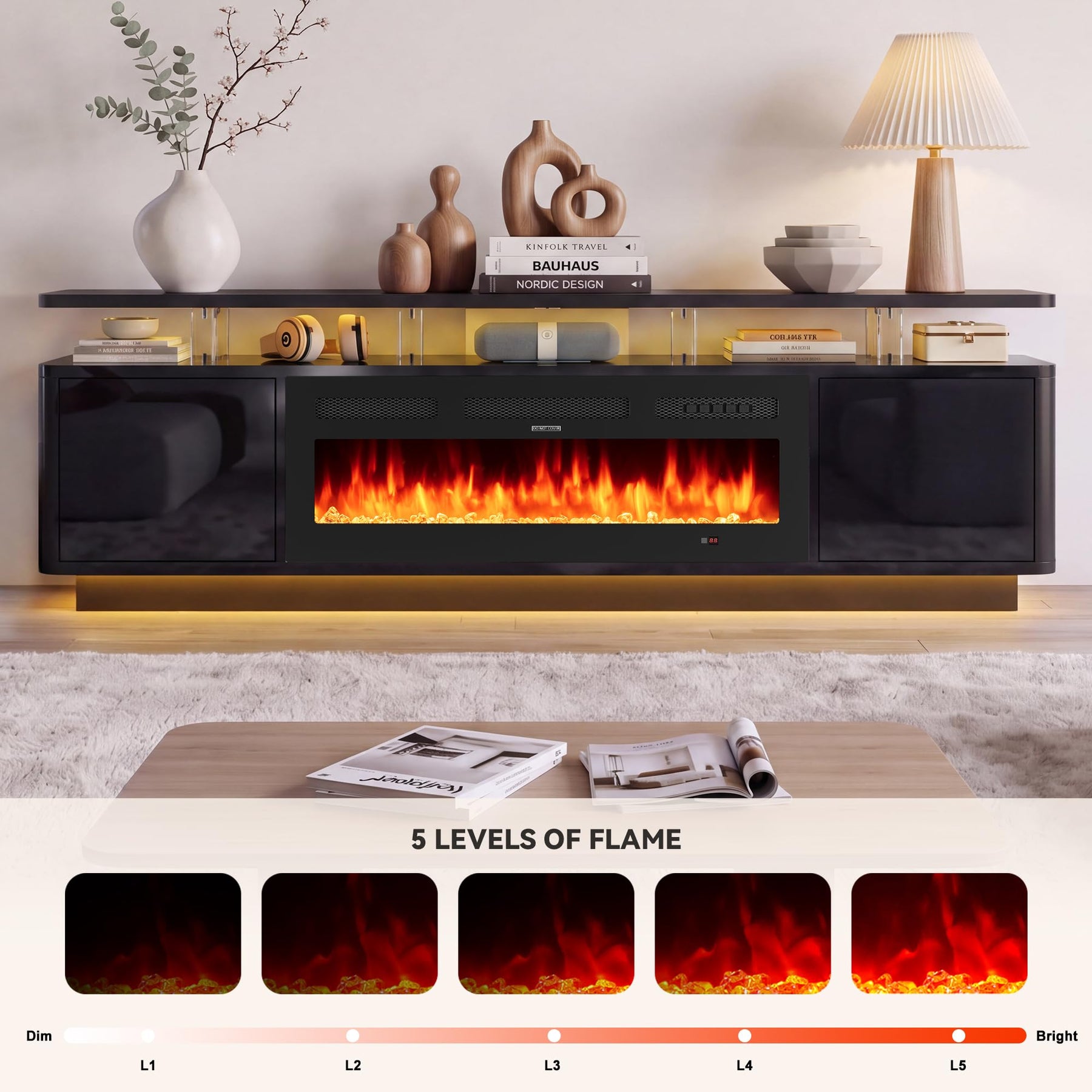 OneBlis 70" Fireplace TV Stand with Double LED Lights for TVs UP to 80", Electric Fireplace Entertainment Center with Storage Cabinets, TV Console for Living Room, Office, Black1