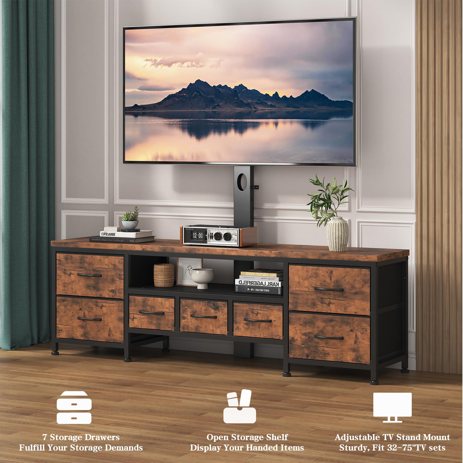 DrawXynth TV Stand with Mount for 45/55/65/75 inch TVs, 51.2" Dresser TV Stand Entertainment Center with 7 Fabric Drawers, Open Storage Shelves, Media Console for Living Room