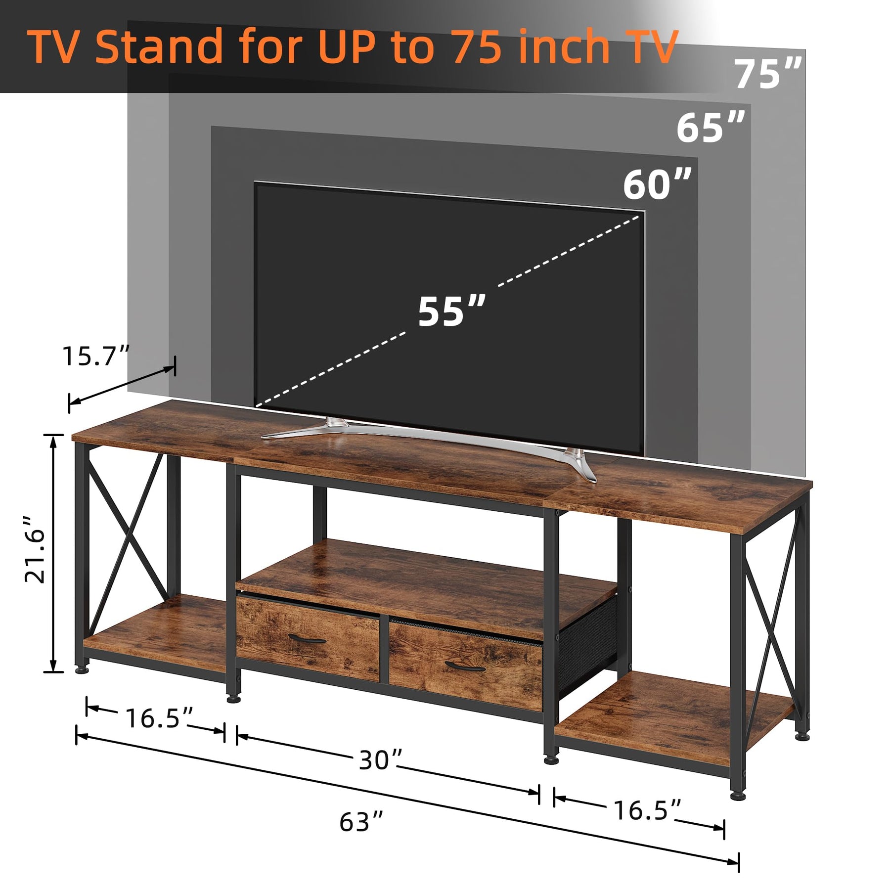 GYIIYUO TV Stand with Fabric Drawer - Entertainment Center and Industrial TV Console Table with Open Storage Shelves for Living Room, Bedroom - 55.1" Rustic Brown