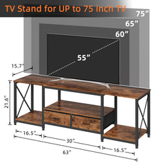 GYIIYUO TV Stand with Fabric Drawer - Entertainment Center and Industrial TV Console Table with Open Storage Shelves for Living Room, Bedroom - 55.1" Rustic Brown