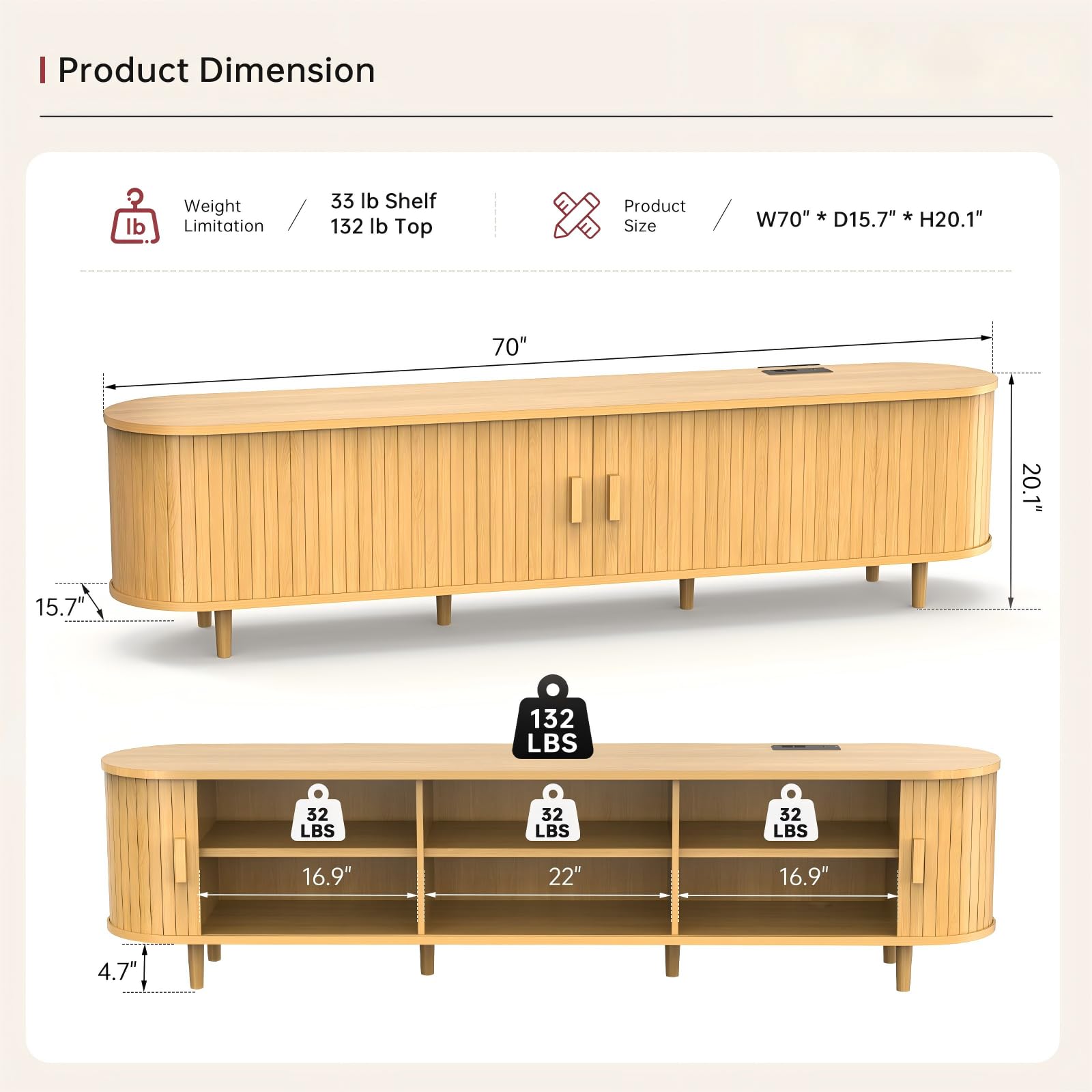 OneBlis 70" Mid Century Modern TV Stand, Wood TV Consoles with Sliding Doors and Power Outlet, Entertainment Center with Adjustable Shelves, Fluted TV Stands for Living Room, Walnut
