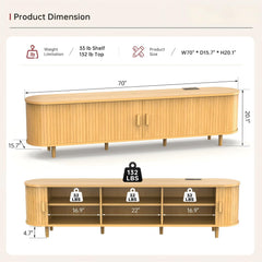 OneBlis 70" Mid Century Modern TV Stand, Wood TV Consoles with Sliding Doors and Power Outlet, Entertainment Center with Adjustable Shelves, Fluted TV Stands for Living Room, Walnut