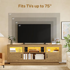 TEENFON 67" TV Stand for 75 inch TV, Entertainment Center with LED Lights | TV Console, Media Console Table with Open Storage & Side Cabinets, TV Stands for Living Room, Bedroom, Natural Knotty Oak