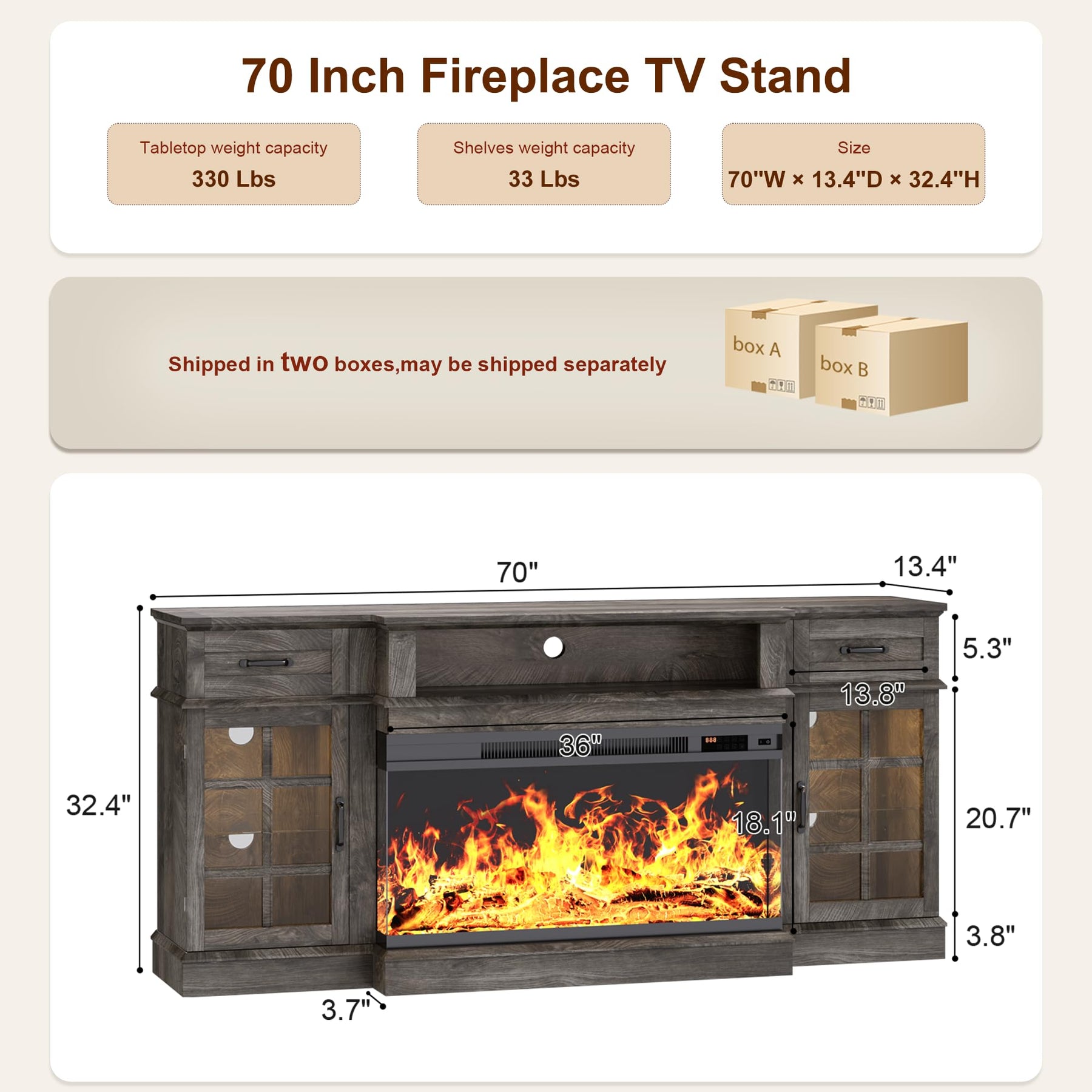 MXV 70" Fireplace TV Stand, 3-Sided Glass Fireplace and Modern Entertainment Center, Wooden Media Console with Glass Doors & Storage Drawers, LED Light, for Living Room, Antique White