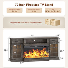 MXV 70" Fireplace TV Stand, 3-Sided Glass Fireplace and Modern Entertainment Center, Wooden Media Console with Glass Doors & Storage Drawers, LED Light, for Living Room, Antique White