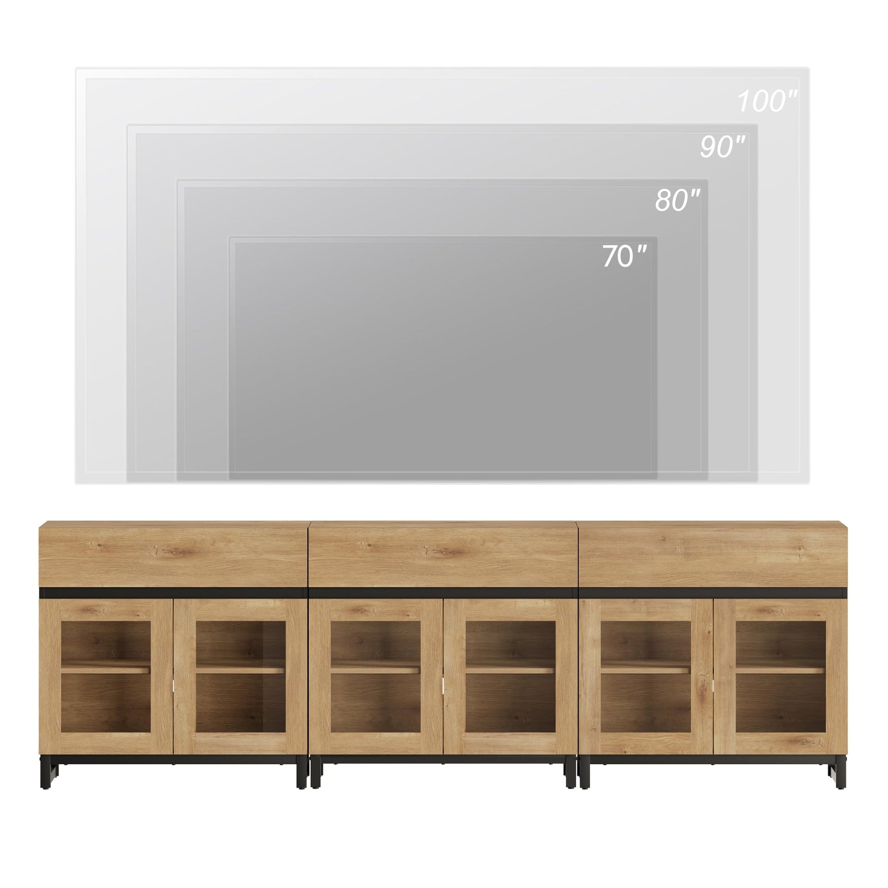 WAMPAT Modern TV Stand with Glass Doors for 80-120 inch TVs, 4 in 1 Entertainment Center Console with 4 Drawers and Metal Base for Living Room, Bedroom, Brown