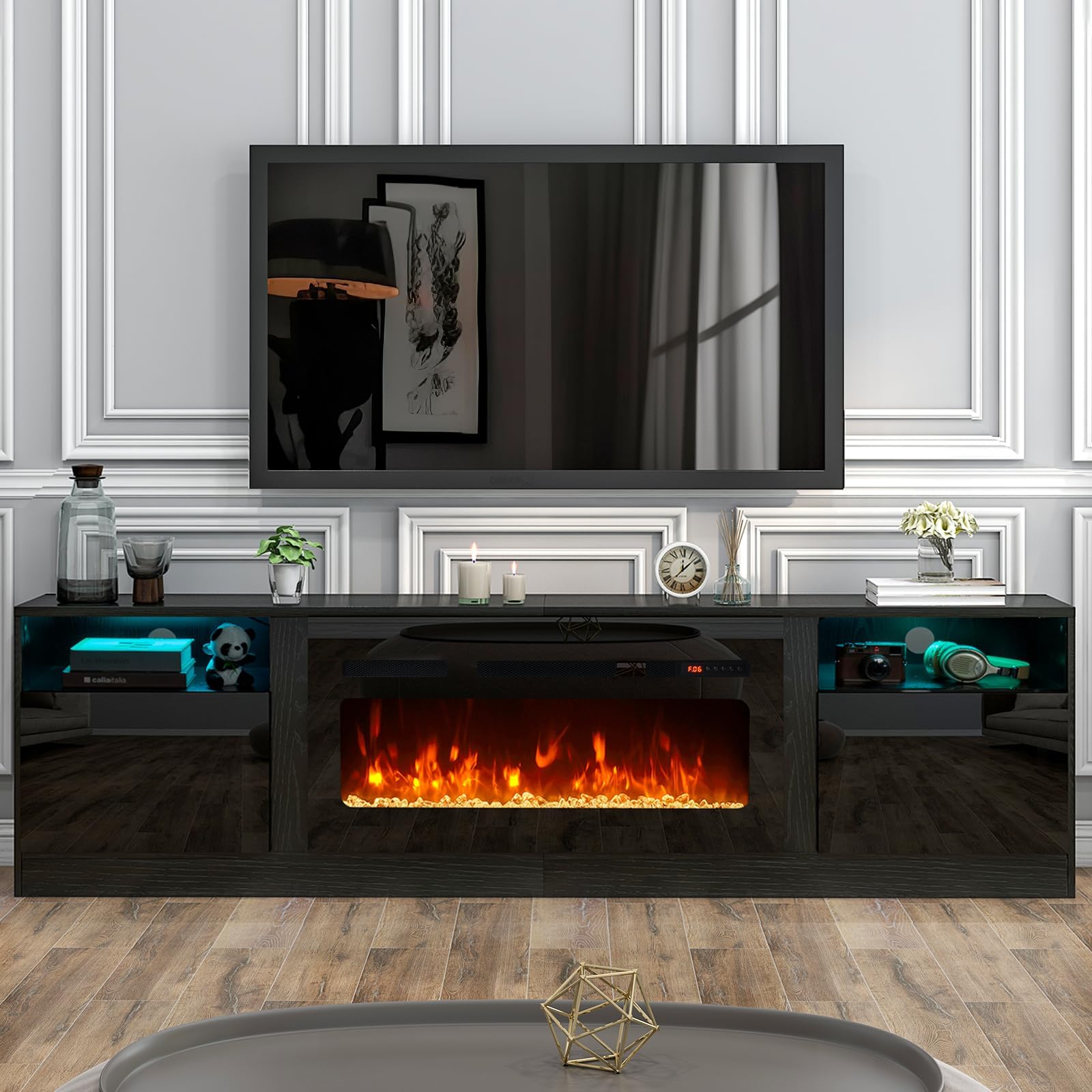 oneinmil Fireplace TV Stand with 36" Electric Fireplace, LED Light Entertainment Center, Modern Wood Texture Entertainment Stand with Highlight Storage Cabinet for TVs Up to 80", 70 inches, Black