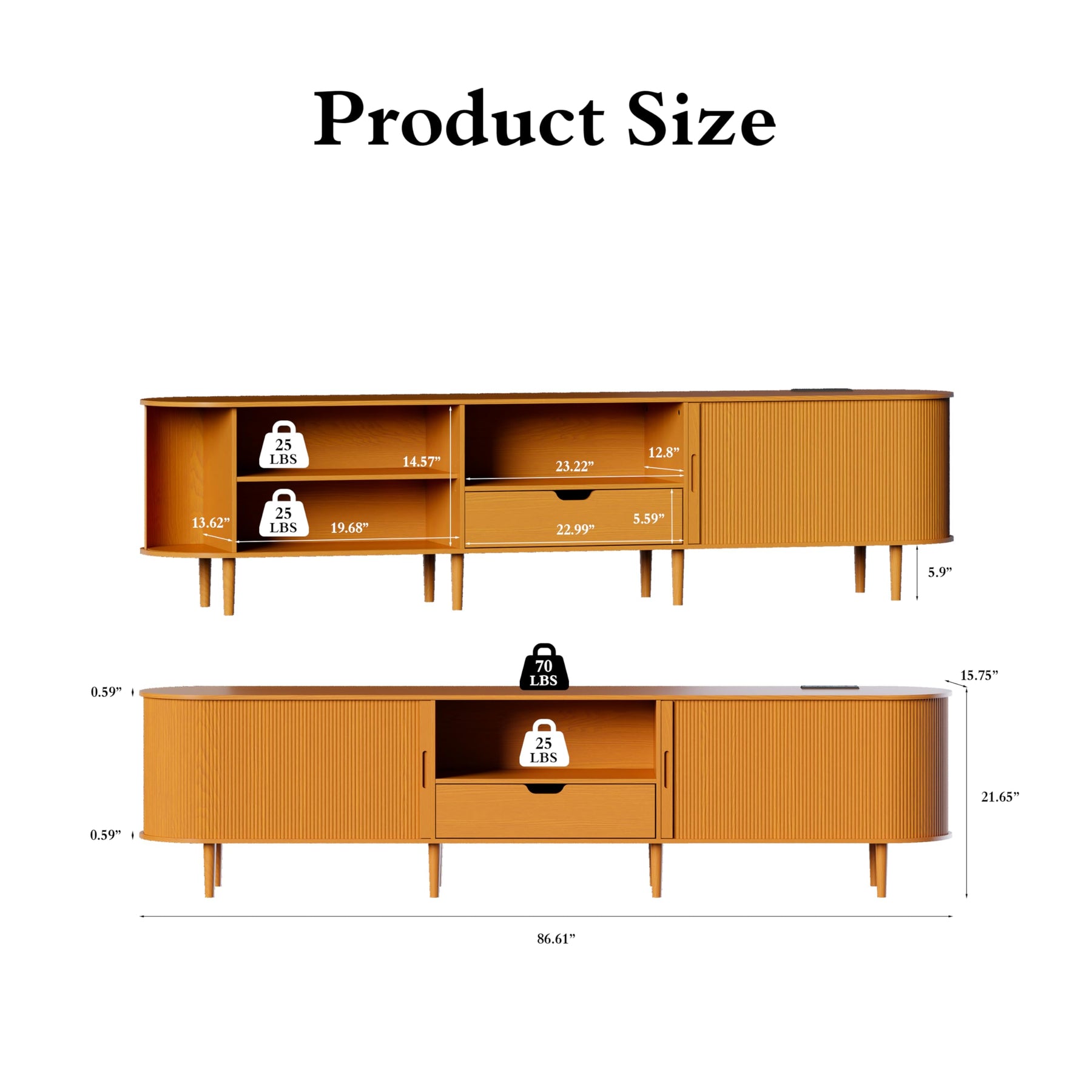 DHH 86.6" Fluted TV Stand with Power Outlet for TVs up to 90", TV Console with Adjustable Shelves and Sliding Door,Mid Century Modern Entertainment Center for Living Room,Bedroom (Walnut)