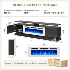 Nordivale 70" Fireplace TV Stand, Modern Entertainment Center for TVs Up to 80”, TV Console with Storage Cabinets, Media Console for Living Room, Black TV Stand and Black Fireplace