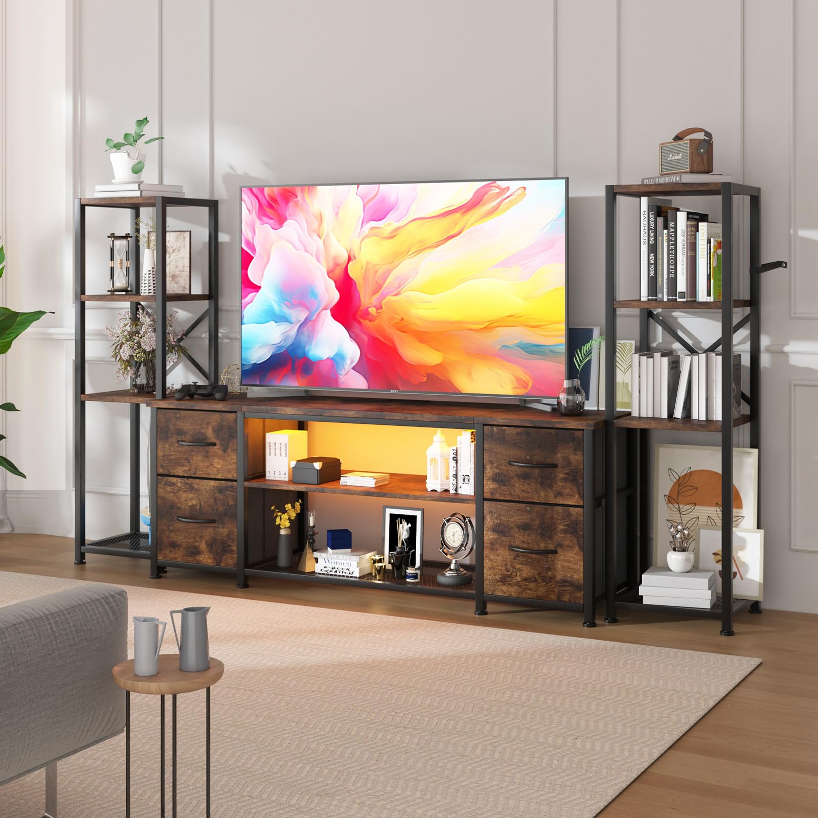 LED TV Stand Entertainment Center Bookshelf Combo with Charging Station