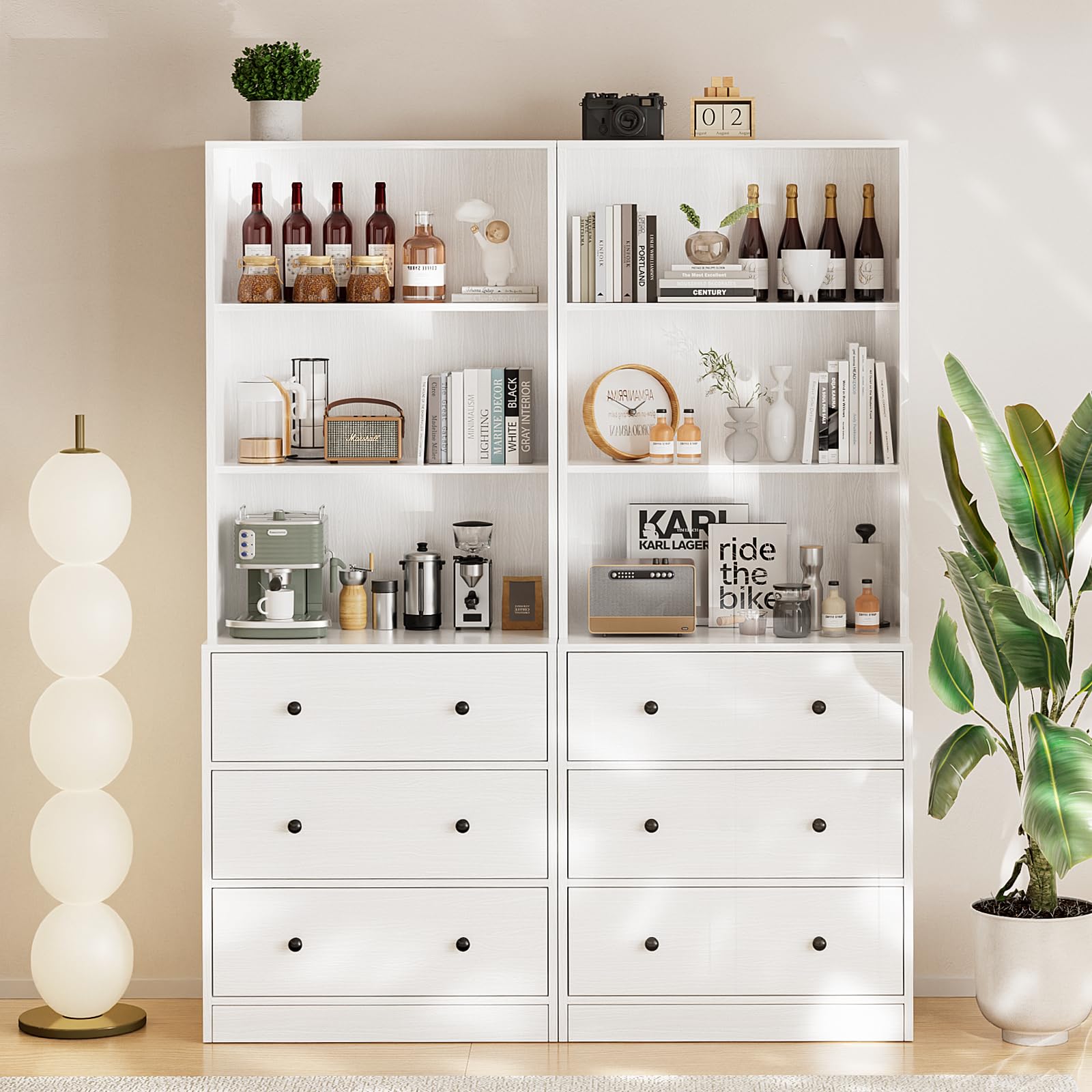 TUSY 71" Large TV Stand Set - TV Entertainment Center for TVs up to 65", Media Center with Tempered Glass Doors and Drawer, TV Hutch with Bookshelves for Living Room (White, BDDB)