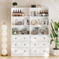 TUSY 71" Large TV Stand Set - TV Entertainment Center for TVs up to 65", Media Center with Tempered Glass Doors and Drawer, TV Hutch with Bookshelves for Living Room (White, BDDB)