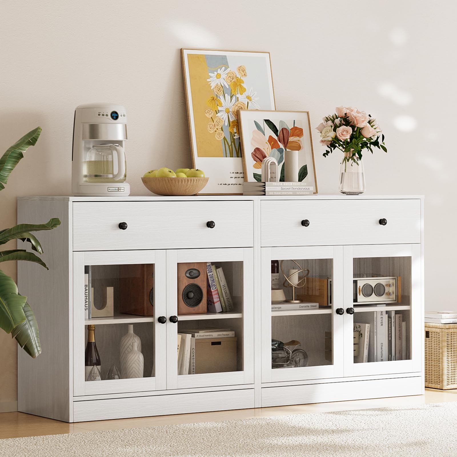 TUSY 71" Large TV Stand Set - TV Entertainment Center for TVs up to 65", Media Center with Tempered Glass Doors and Drawer, TV Hutch with Bookshelves for Living Room (White, BDDB)