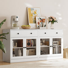 TUSY 71" Large TV Stand Set - TV Entertainment Center for TVs up to 65", Media Center with Tempered Glass Doors and Drawer, TV Hutch with Bookshelves for Living Room (White, BDDB)