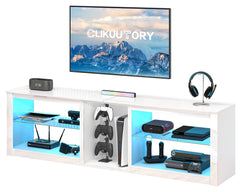 Clikuutory Modern 63 inch TV Stand with LED Lights for 50 55 60 65 70 75 inch TVs, High Gloss Entertainment Center for PS5, TV Cabinet with Glass Shelves for Living Room, Bedroom, Bright Black