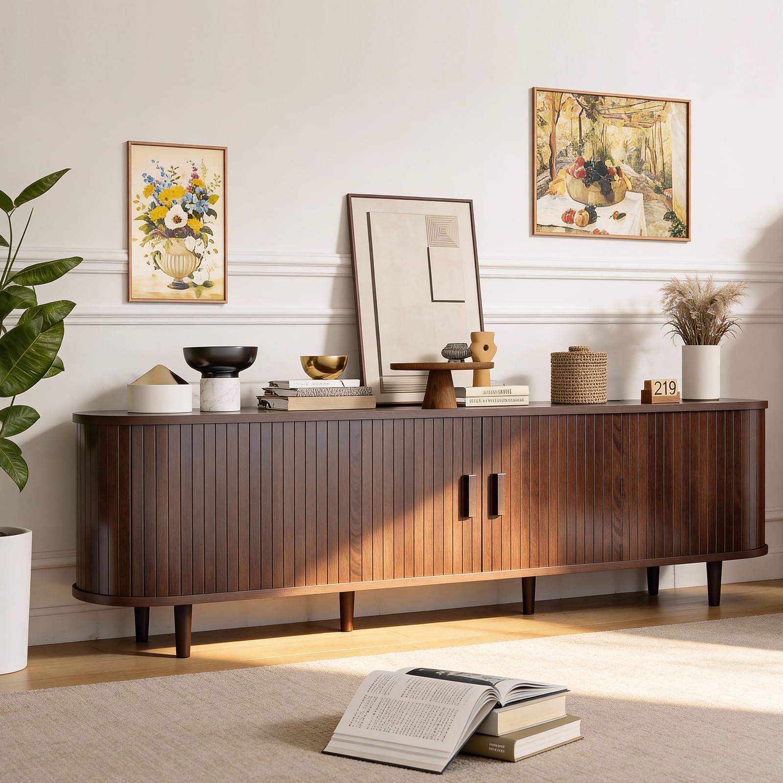 OneBlis 70" Mid Century Modern TV Stand, Wood TV Consoles with Sliding Doors and Power Outlet, Entertainment Center with Adjustable Shelves, Fluted TV Stands for Living Room, Walnut