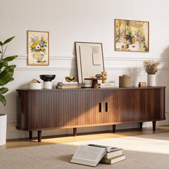 OneBlis 70" Mid Century Modern TV Stand, Wood TV Consoles with Sliding Doors and Power Outlet, Entertainment Center with Adjustable Shelves, Fluted TV Stands for Living Room, Walnut