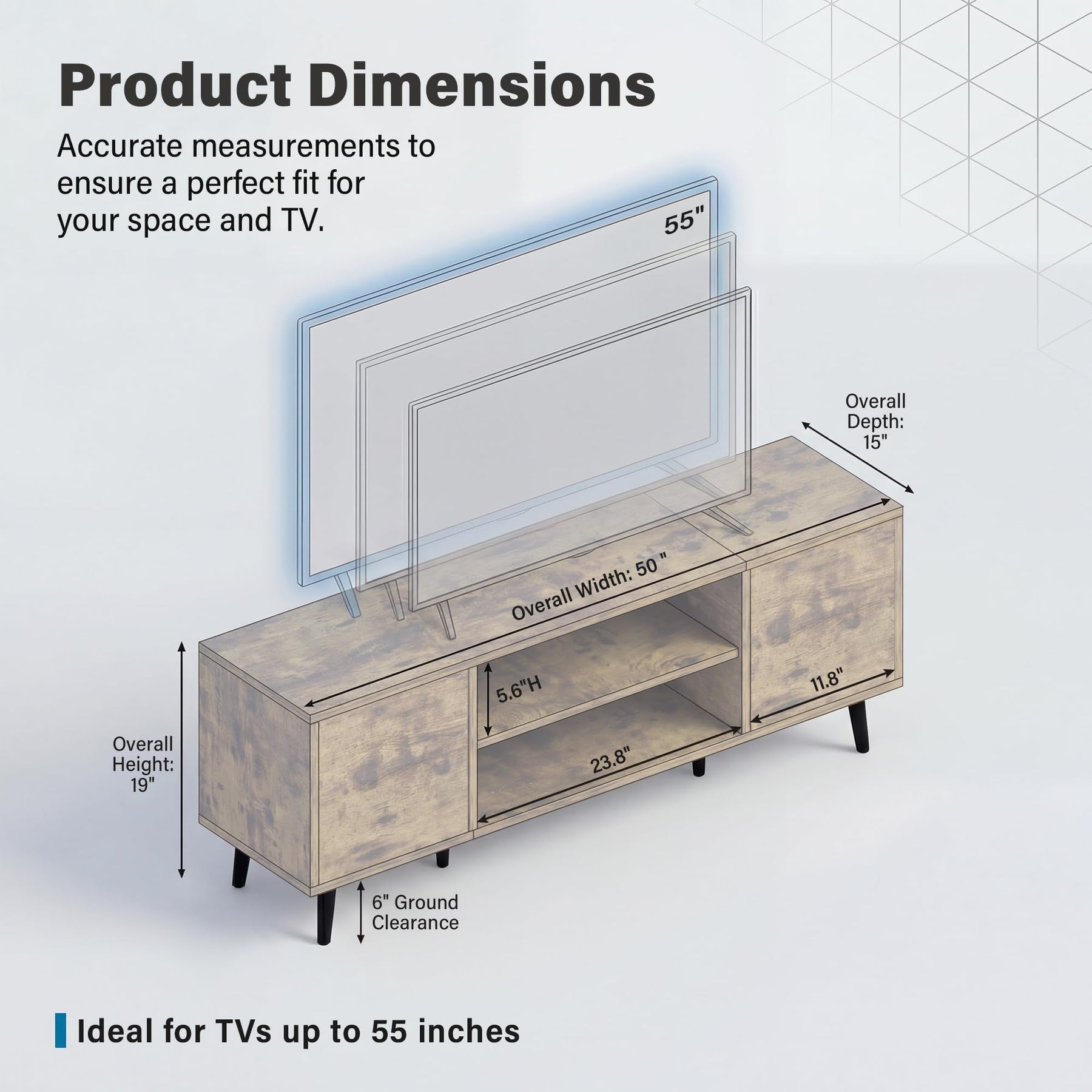 YESHOMY Mid-Century Modern TV Stand, 58 Inch, Light Grey