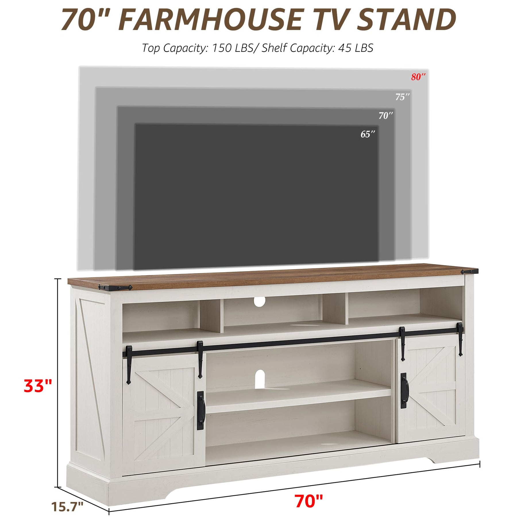 OKD 70" Farmhouse TV Stand for TVs up to 80", Antique White