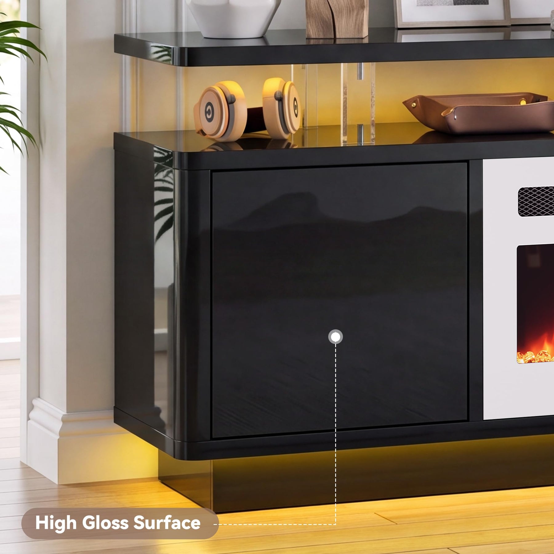 OneBlis 70" Fireplace TV Stand with Double LED Lights for TVs UP to 80", Electric Fireplace Entertainment Center with Storage Cabinets, TV Console for Living Room, Office, Black1