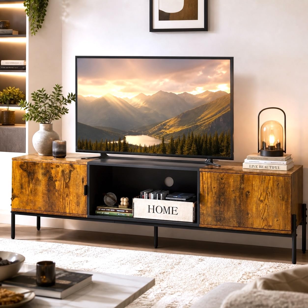 WLIVE 58" TV Stand for 65 Inch TVs, Mid Century Modern Entertainment Center with 2 Storage Cabinets & Open Shelf, Media Console Table with Metal Legs for Living Room, Bedroom, Rustic Brown
