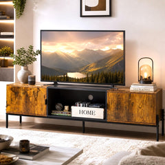 WLIVE 58" TV Stand for 65 Inch TVs, Mid Century Modern Entertainment Center with 2 Storage Cabinets & Open Shelf, Media Console Table with Metal Legs for Living Room, Bedroom, Rustic Brown