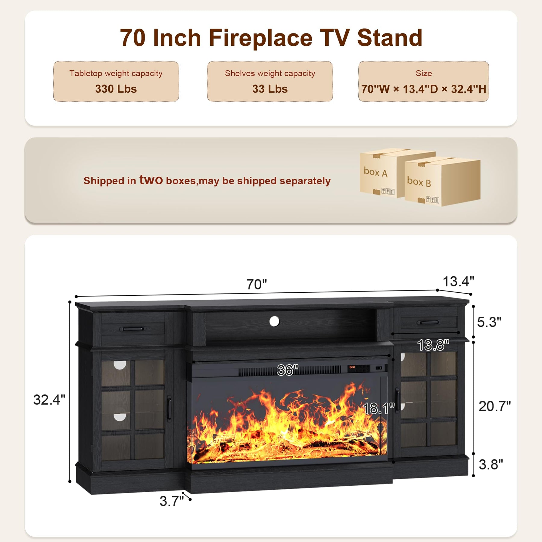 MXV 70" Fireplace TV Stand, 3-Sided Glass Fireplace and Modern Entertainment Center, Wooden Media Console with Glass Doors & Storage Drawers, LED Light, for Living Room, Antique White