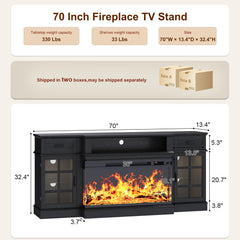 MXV 70" Fireplace TV Stand, 3-Sided Glass Fireplace and Modern Entertainment Center, Wooden Media Console with Glass Doors & Storage Drawers, LED Light, for Living Room, Antique White