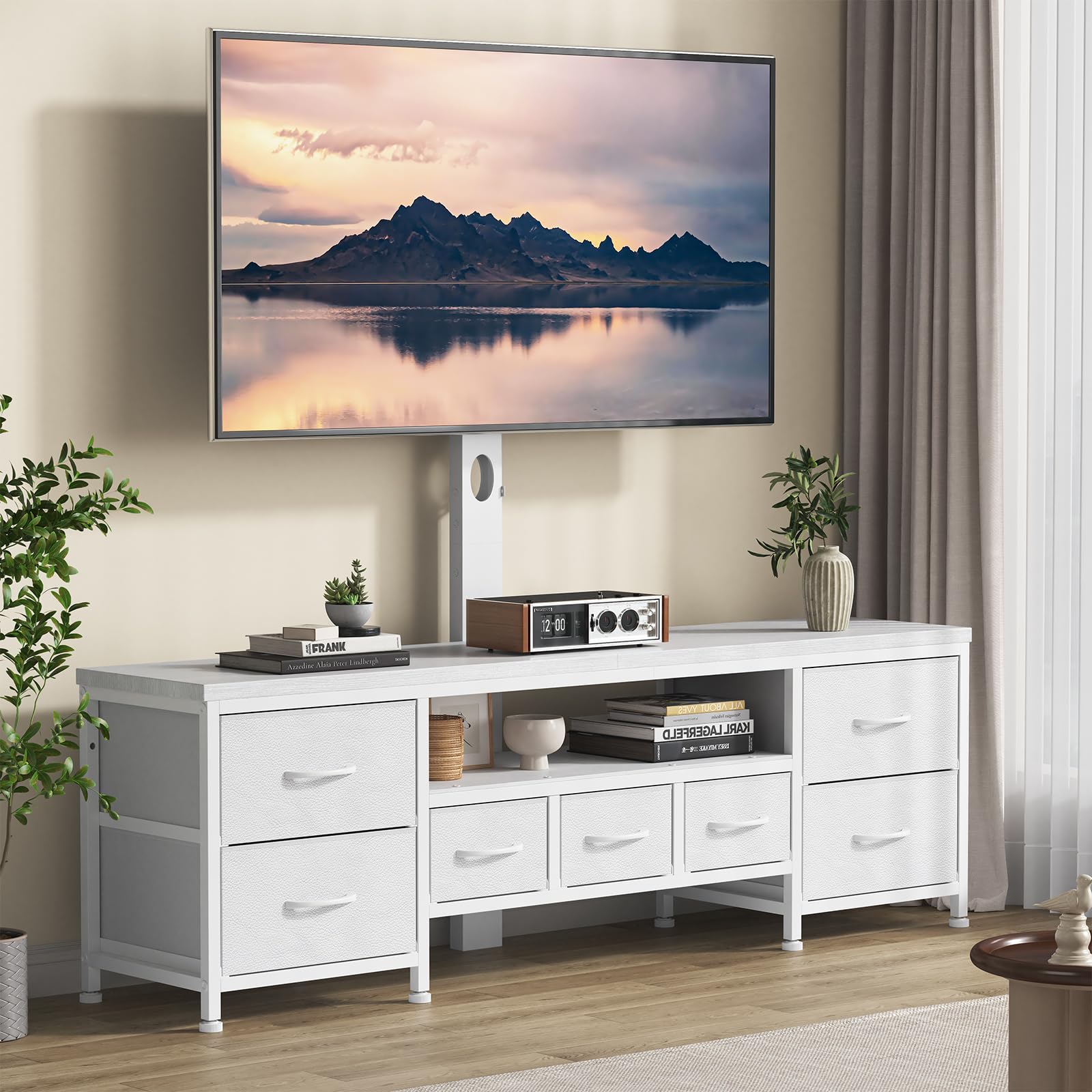 DrawXynth TV Stand with Mount for 45/55/65/75 inch TVs, 51.2" Dresser TV Stand Entertainment Center with 7 Fabric Drawers, Open Storage Shelves, Media Console for Living Room